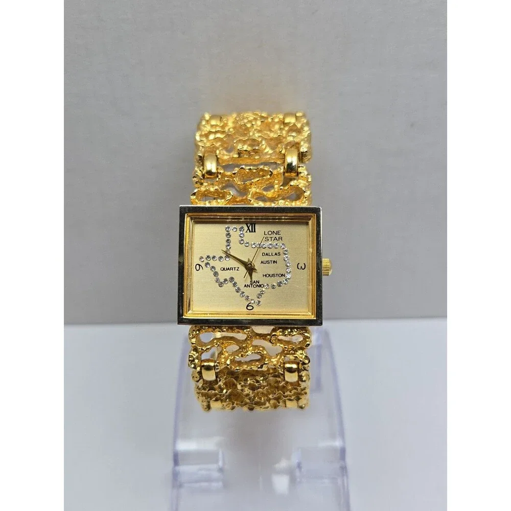 Lone Star Texas Rhinestone Map Quartz Gold Tone Nugget Watch Western New Battery